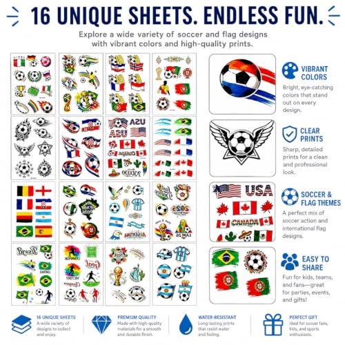 World Cup Soccer Temporary Face Tattoos - 16 Sheet Fan Party Pack