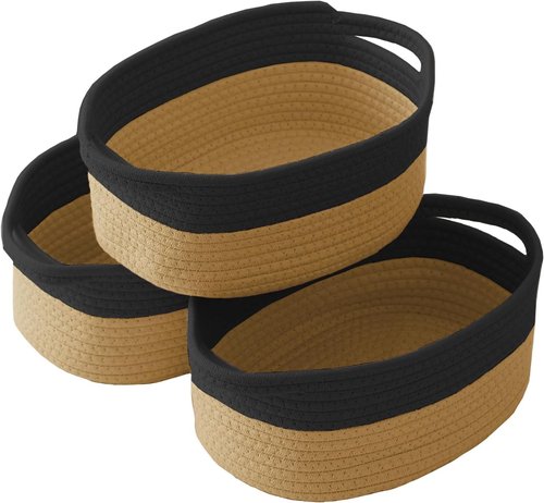 JMvicyroam Woven Storage Baskets - Small Rope Bins with Handles for Organizing Shelves | Black & Jute, 3-Pack