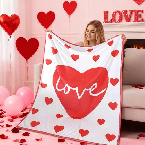 Valentine's Day Throw Blanket, Heart Red and White Reversible Flannel Throw Blanket, Soft Lightweight Cozy Love Gift for Girlfriend Wife Couple Women Couch Sofa Bed Decor, 50 x 60 Inch (Heart)