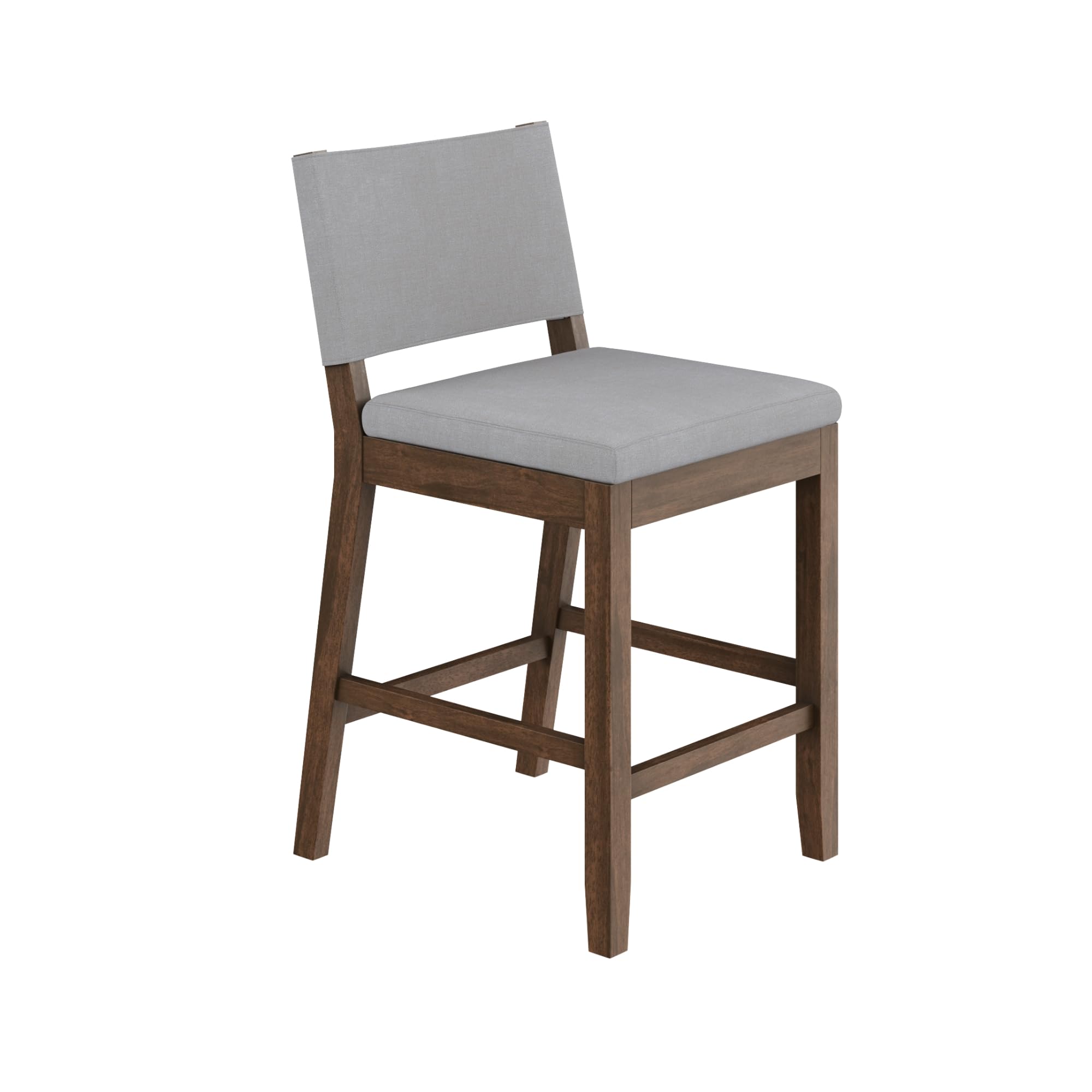 Nathan James Linus Modern Upholstered Counter Height Bar Stool with Back and Solid Rubberwood Legs in a Dark Brown Wood, Natural Light Grey/Brown