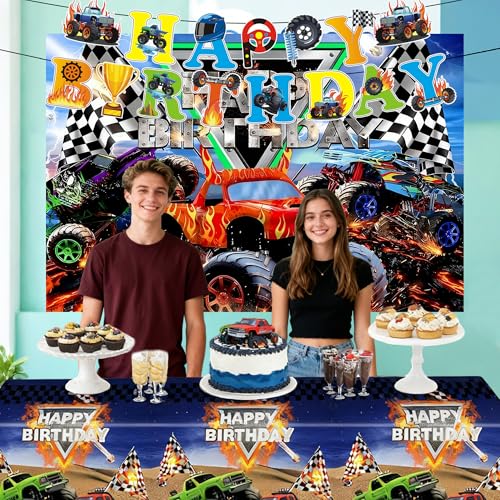 Truck Birthday Party Decorations Set - Backdrop, Banner & Tablecloth