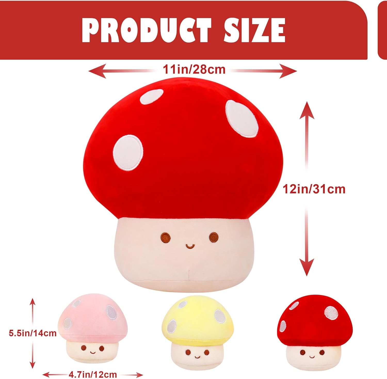 WeBingo Mushroom Plush Pillow Set - 12-Inch Jumbo Stuffed Animal Decor | 4-Piece Gift for Kids & Adults