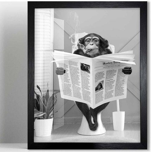 Biufo Monkey on Toilet Wall Art - Framed Canvas Print for Bathroom Decor (8"x10")