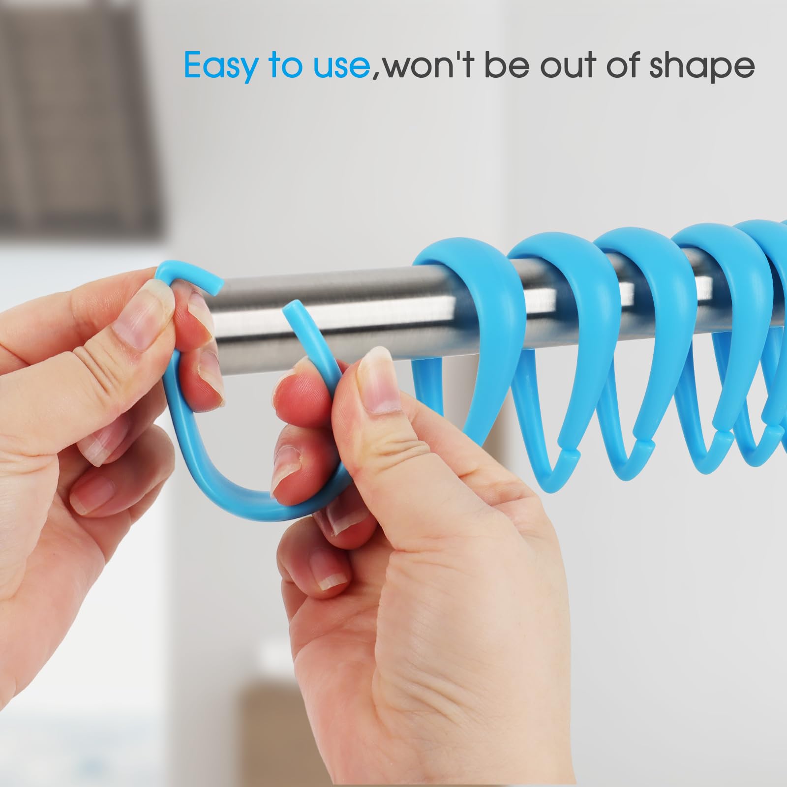 Top-spring Light Blue Plastic Shower Curtain Hooks Rings - 12 Pcs Drop Shaped Sky Blue Shower Hooks for Curtain Bathroom Shower Rod