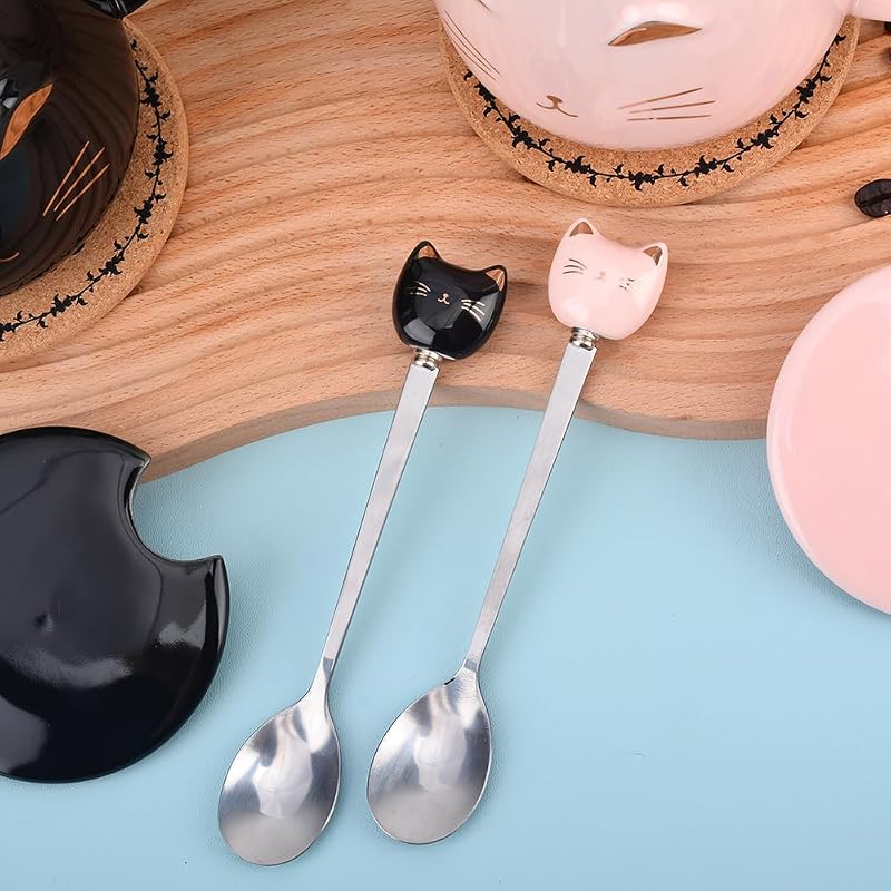 Pink Ceramic Cat Mug with Stainless Steel Spoon - 13 oz Handmade Gift (Variation: Black)