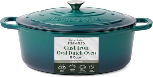 Larder & Vine Enameled Cast Iron Dutch Oven - 8 Qt Pot with Lid | Ideal for Bread Baking | Oven Safe to 500°F | Bondi Color