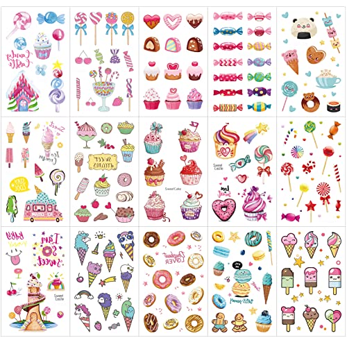 Konsait 176PCS Kids Temporary Tattoos Waterproof Candy Ice Cream