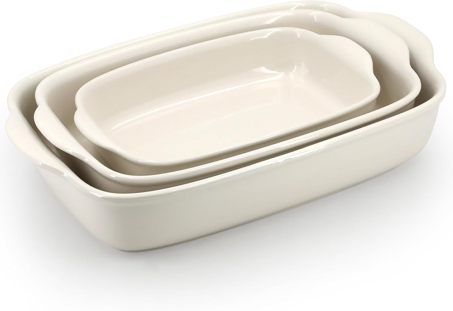 Skiennix 3-Pack Ceramic Baking Dishes Set - Heavy-Duty Oven-Safe Stoneware for Lasagna & Baking | High Heat Resistant, Handcrafted Glazed Finish (13.8''/12''/9.6'' Pure Off-White)