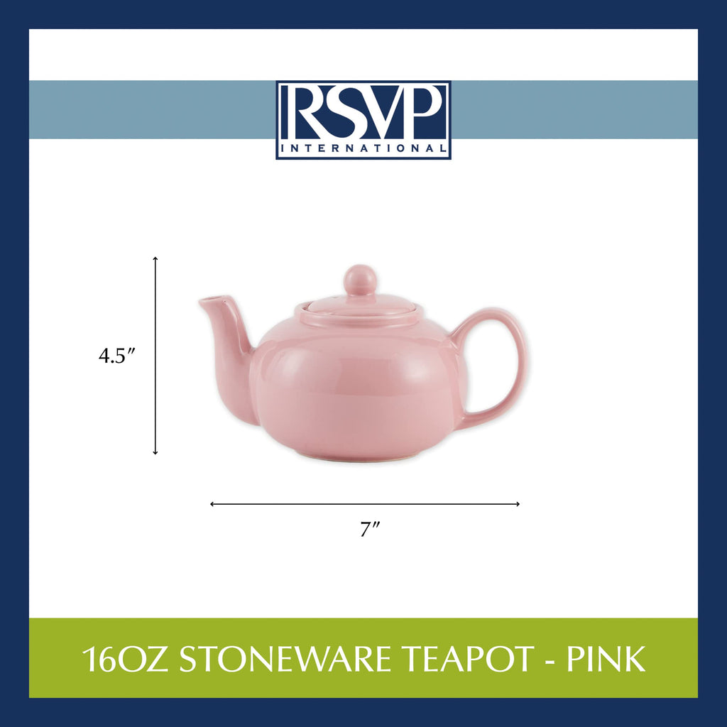 RSVP International Stoneware Teapot Collection, Microwave and Dishwasher Safe, 16 oz, Pink