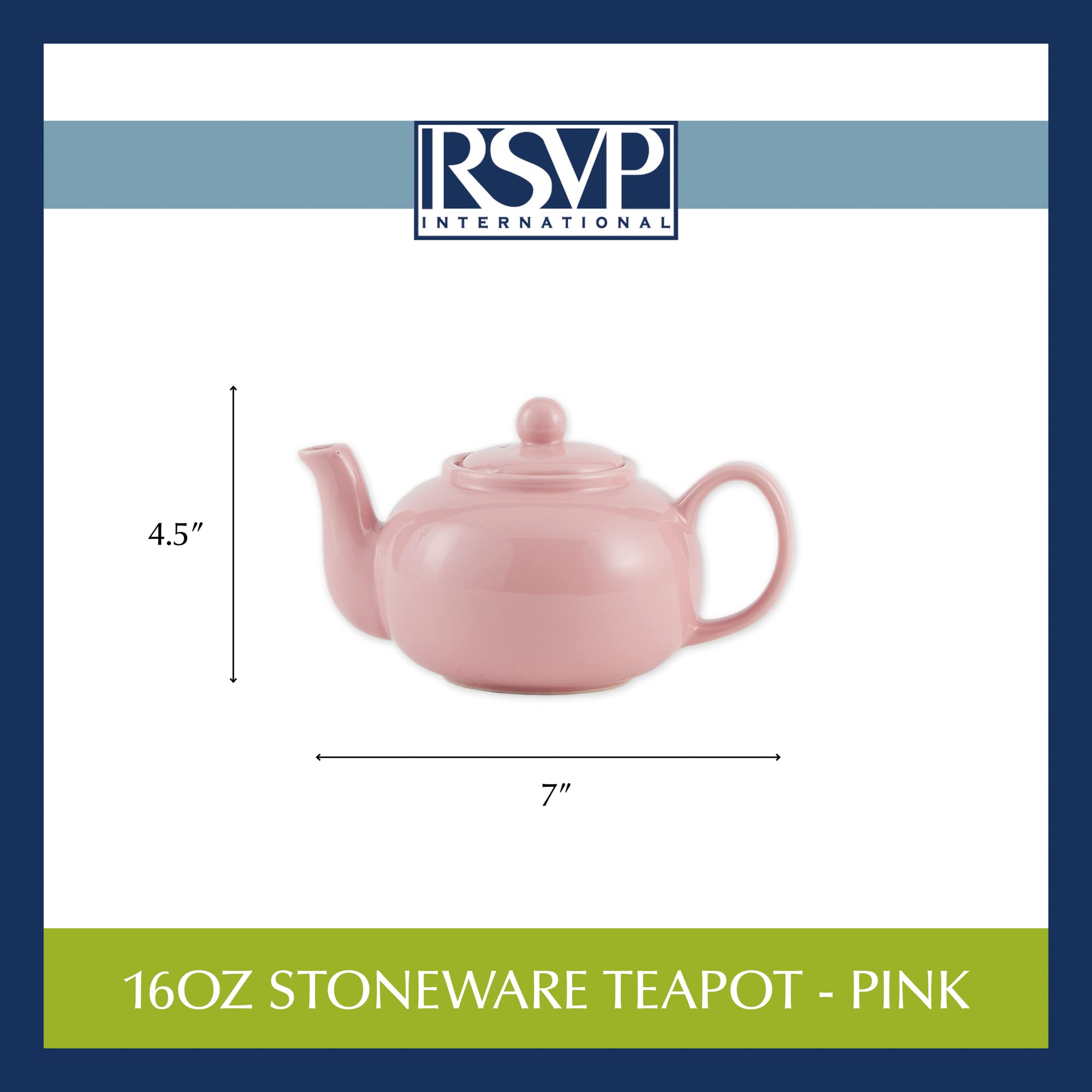 RSVP International Stoneware Teapot Collection, Microwave and Dishwasher Safe, 16 oz, Pink