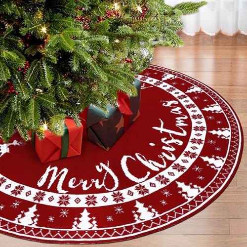 Reindeer Christmas Tree Skirt 60 Inch Knit Red & White Dual-Side Decorative Cover