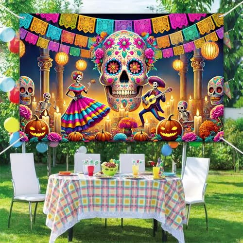 BlissYard Day of the Dead Banner 71x43 Inch Sugar Skull Backdrop