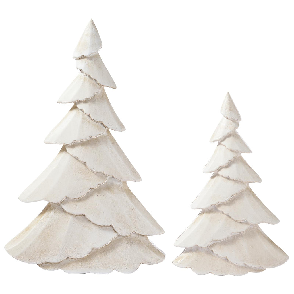 RM ROOMERS Wooden Christmas Tree Figurine Set of 2, White Tree Figurines, Decorative Trees for Tabletop, Distressed Decoration Trees for Desk, Mantel, Entryway, Winter, Holiday Centerpieces