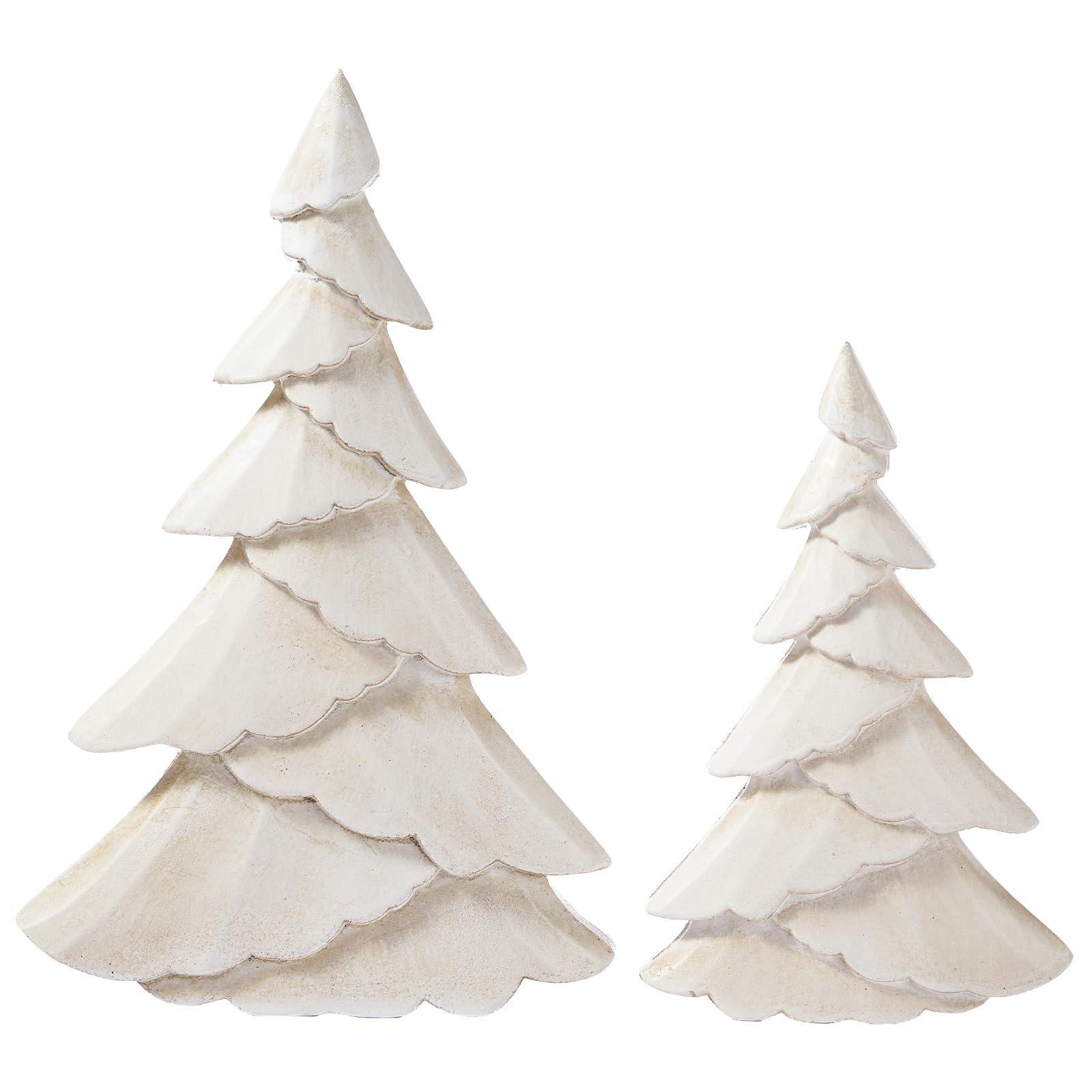 RM ROOMERS Wooden Christmas Tree Figurine Set of 2, White Tree Figurines, Decorative Trees for Tabletop, Distressed Decoration Trees for Desk, Mantel, Entryway, Winter, Holiday Centerpieces