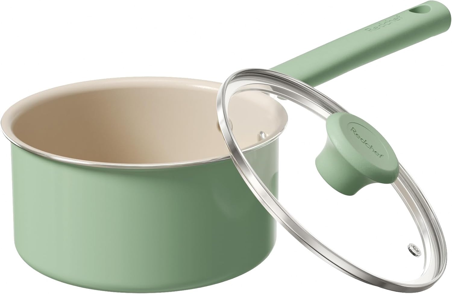 Redchef Ceramic Nonstick Saucepan - 1.5QT Small Cooking Pot with Lid, PFAS-Free, Green Color
