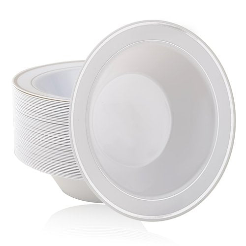 JOLLY PARTY 100PCS Plastic Bowls with Silver Rim-12oz Disposable Soup Bowls, Christmas Thanksgiving Premium Heavy Duty Plastic Dessert Bowls for Wedding/Party, Silver