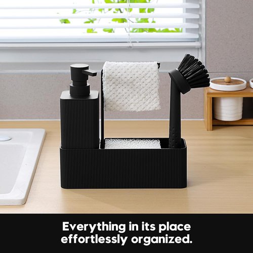 YAUKPH 4 in 1 Kitchen Soap Dispenser Set - Soap Dispenser Brush Sponge Holder Towel Rack (Striped Black)