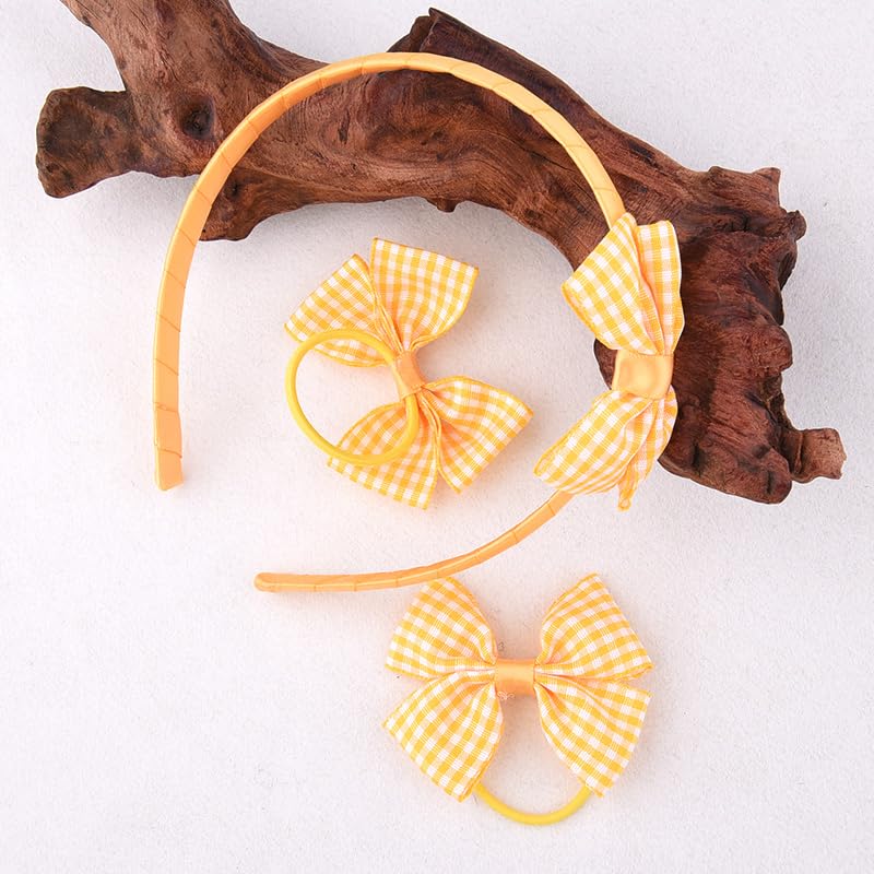 Sudaporn Yellow Plaid Bow Headband & Hair Ties Set for Girls