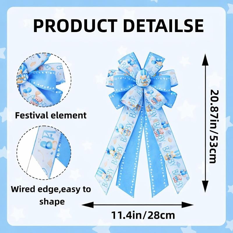 Skiennix Large Baby Shower Bows - 20x11 Inch Baby Blue Decorative Ribbons for Indoor/Outdoor Decor