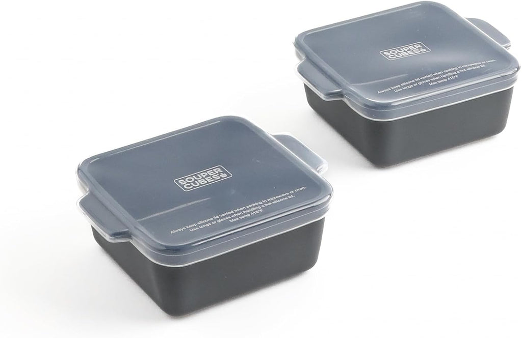 Souper Cubes Stoneware | Premium 5" x 5" Mini Baking Dishes with Silicone Covers - Set of 2, Charcoal