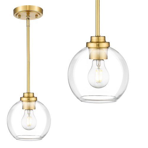 JAZAVA Modern Polished Gold Pendant Light, 7Inch Mid Cenrury Globe Hanging Light Fixture with Clear Glass for Kitchen Island Dining Room Bedroom Hallway Foyer (1 Pack), PL101BG