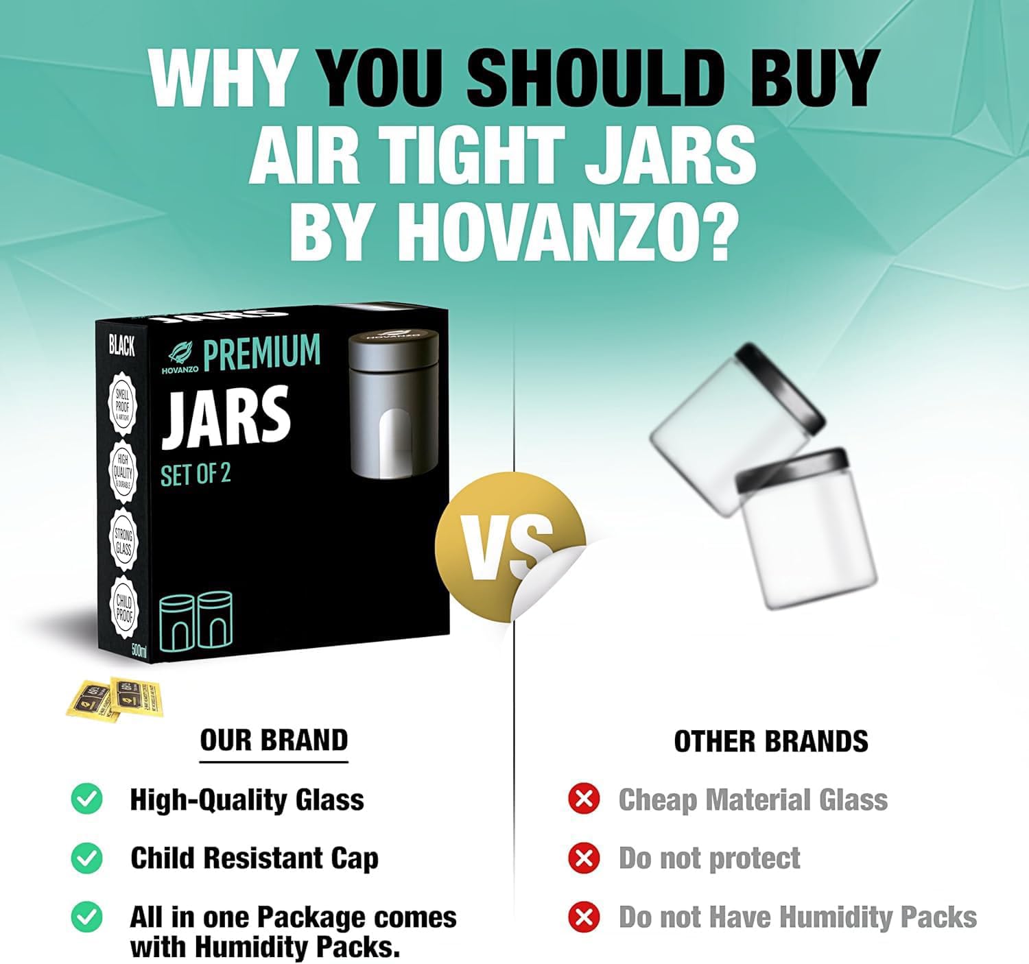 Premium Airtight Glass Storage Jars 500ml, 2 Pack, with 69% Humidity Control Packs - UV Air Tight Jars with Child-Resistant Lid - Airtight Jar Container, Air Tight Storage,Storage Jars for Herb/Spice
