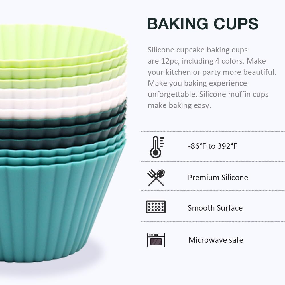 Skiennix Extra Large Silicone Muffin Cups - 12 Pcs Reusable Baking Liners, 3.54 Inch, Easy to Clean | Green & White