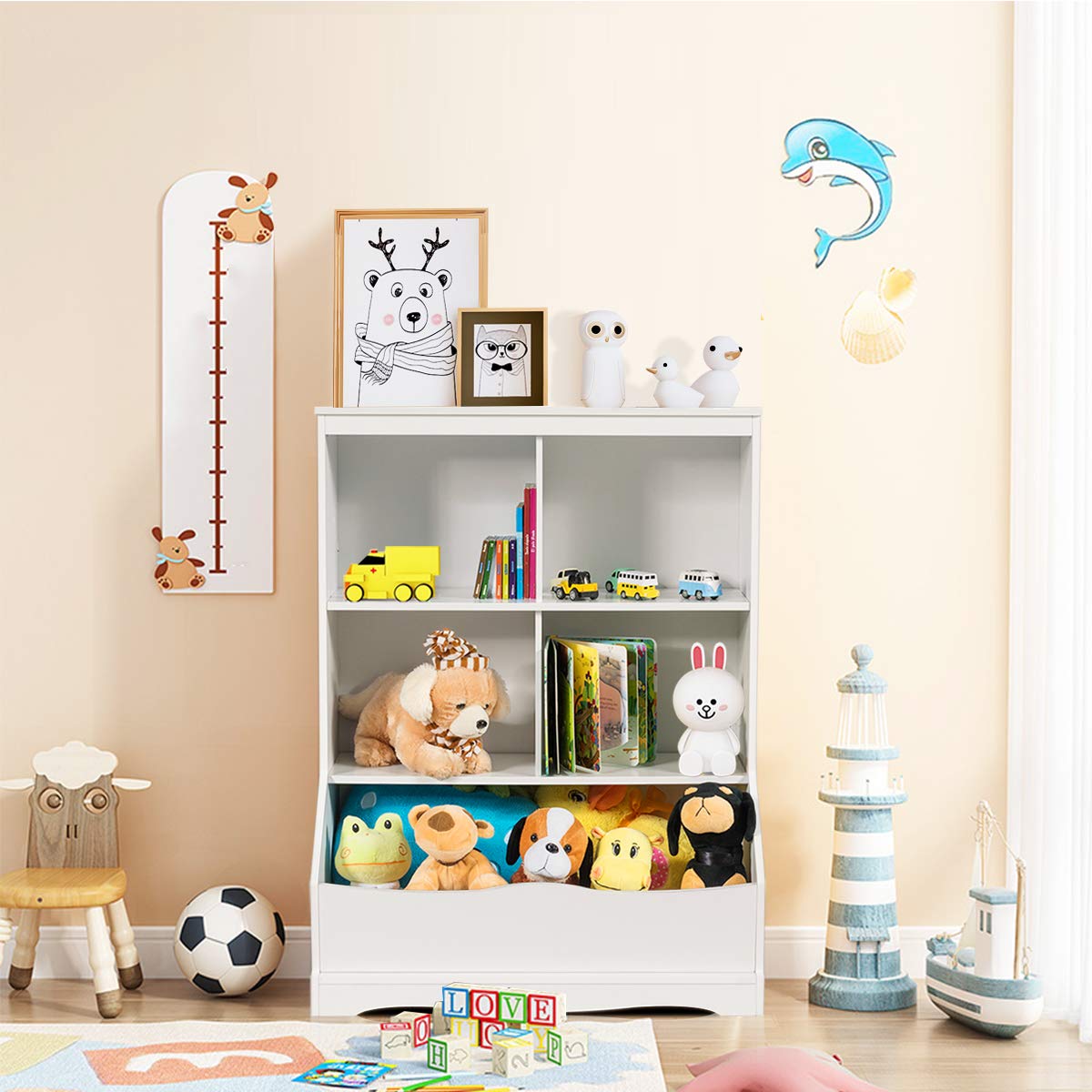 Giantex Storage Cabinet, Cubby Toy Organizer, 3 Shelf 4 Cube Units, Storage Bins Cubbies for Kids' Collections, Kids Bookshelf and Bookcase for Children Playroom Hallway Kindergarten School, White