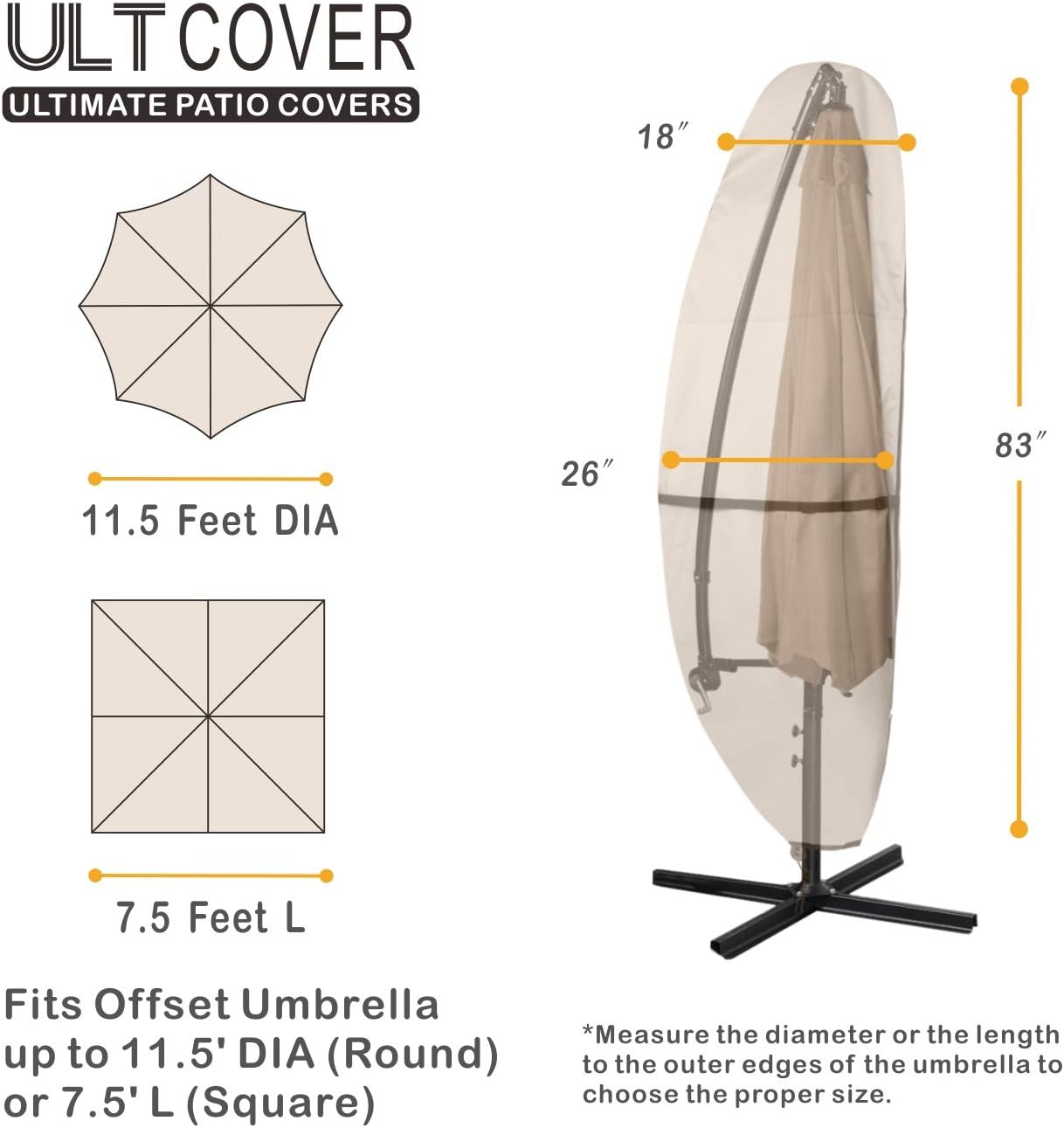 ULTCOVER Patio Umbrella Cover - 600D Waterproof Protection for 7.5-11.5 Feet Offset Umbrellas