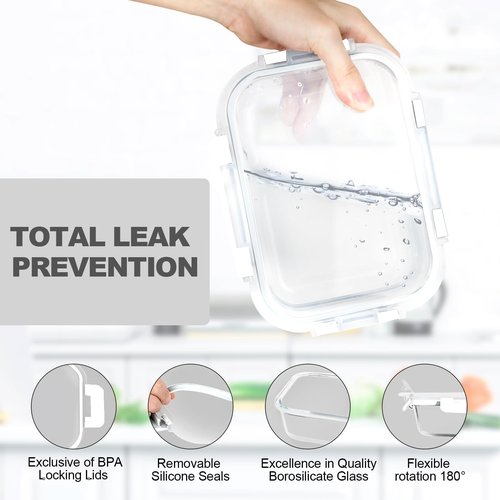 VERONES 10 Pack 22 OZ Glass Meal Prep Containers, Airtight Glass Lunch Containers Set, Food Storage Containers with Lids,BPA Free, for Microwave, Oven, Freezer & Dishwasher Friendly,White