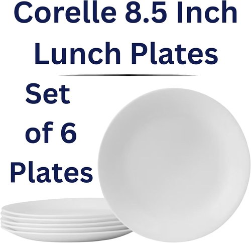 Corelle 8.5-Inch Lunch Plates - Set of 6 Lightweight Vitrelle Glass | Chip & Crack Resistant, White