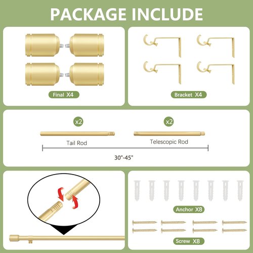 Gold Adjustable Curtain Rods by [Brand Name] - 5/8” Diameter, 30-45 Inch for Small Windows | 2 Pack with Brackets
