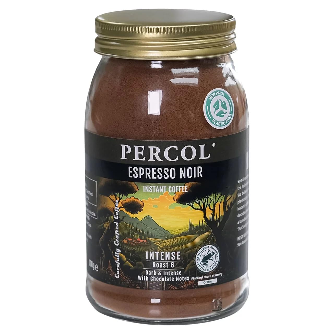 PERCOL Espresso Noir Instant Coffee - Full-Flavored Taste & Silky Crema Finish | Dark Robusta Blend, 3.5 oz