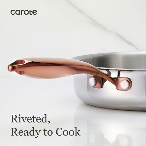 CAROTE 10" Tri-Ply Stainless Steel Frying Pan, Non-Toxic Fry Pan Egg Pan Omelet Pans, Oven Safe, Induction, Ceramic and Gas Cooktops Compatible, Silver