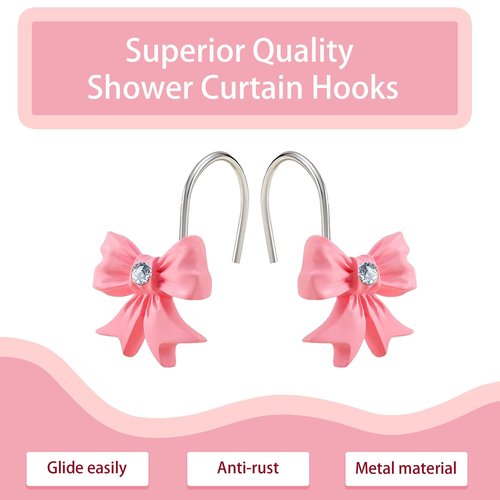Pink Bow Shower Curtain Hooks with Shining Diamond, Cute Bathroom Decor, Set of 12 Girly Decorative Bowknot Rings, Heavy Duty, Anti Corrosion