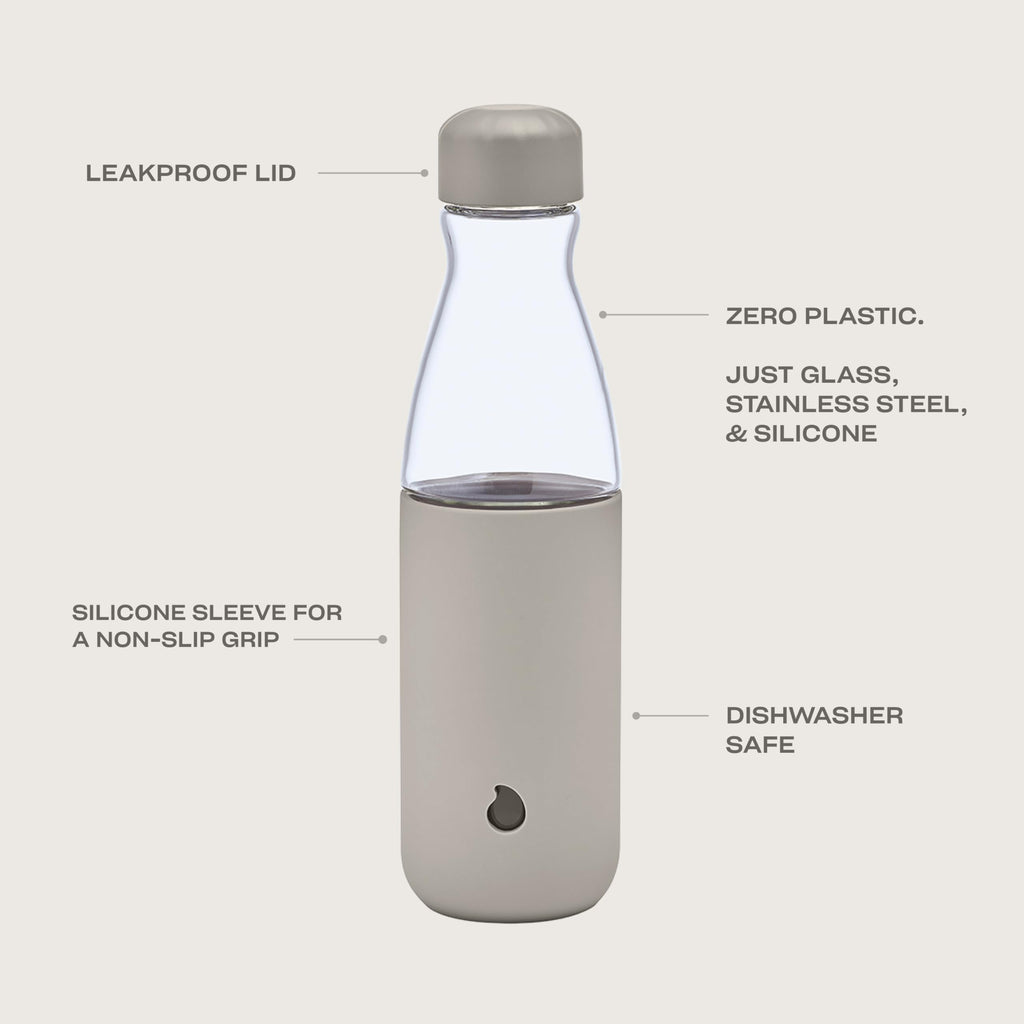 S'well Glass Original Water Bottle, 18oz, Lunar Grey, Borosilicate Glass Bottle With Protective Silicone Sleeve, Zero Plastic, Leakproof, BPA Free