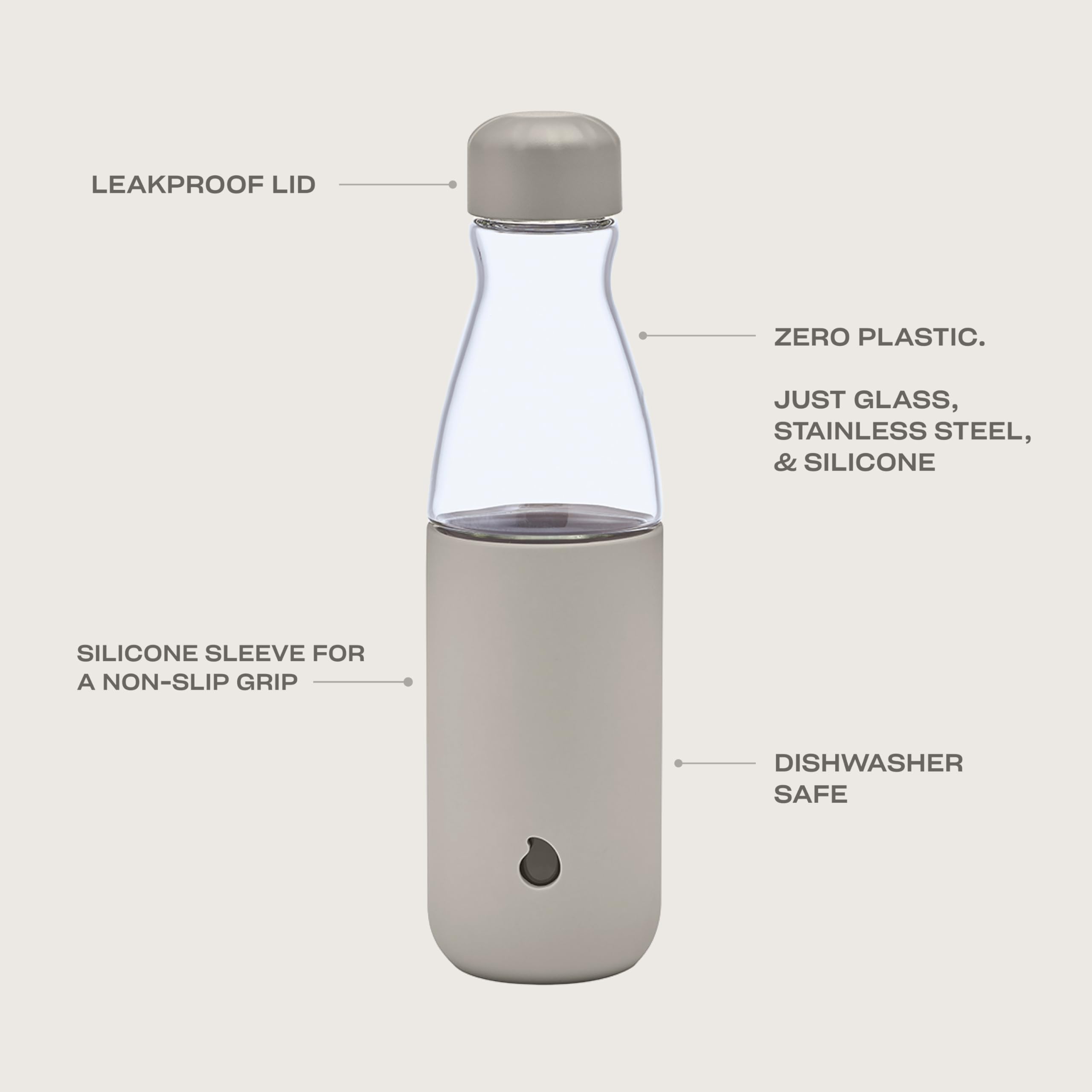 S'well Glass Original Water Bottle, 18oz, Lunar Grey, Borosilicate Glass Bottle With Protective Silicone Sleeve, Zero Plastic, Leakproof, BPA Free