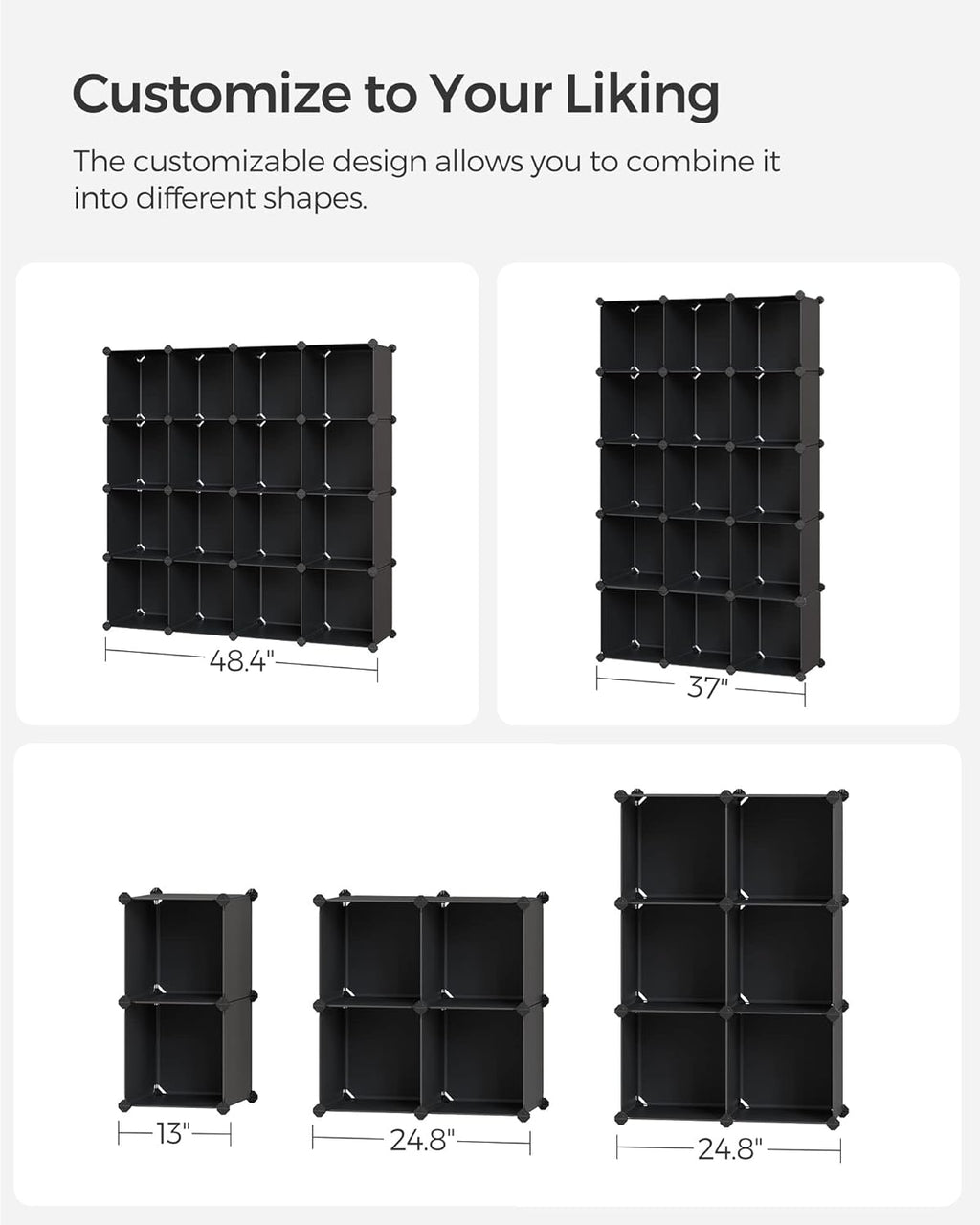 SONGMICS Cube Storage Organizer - Set of 16 Plastic Cubes for Room Organization | Black, 12.2 x 48.4 x 48.4 Inches