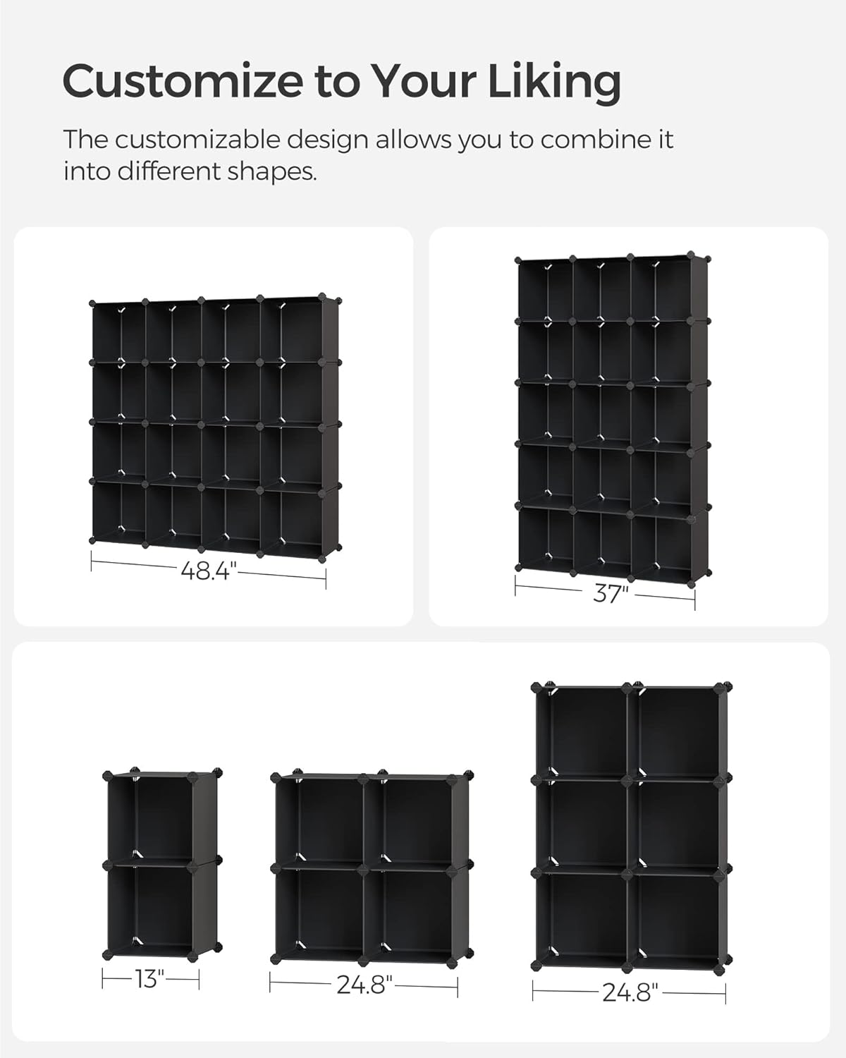 SONGMICS Cube Storage Organizer - Set of 16 Plastic Cubes for Room Organization | Black, 12.2 x 48.4 x 48.4 Inches