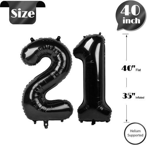 Black Number 21 Foil Balloon - 40 Inch Giant Decoration for 21st Birthday Party Supplies