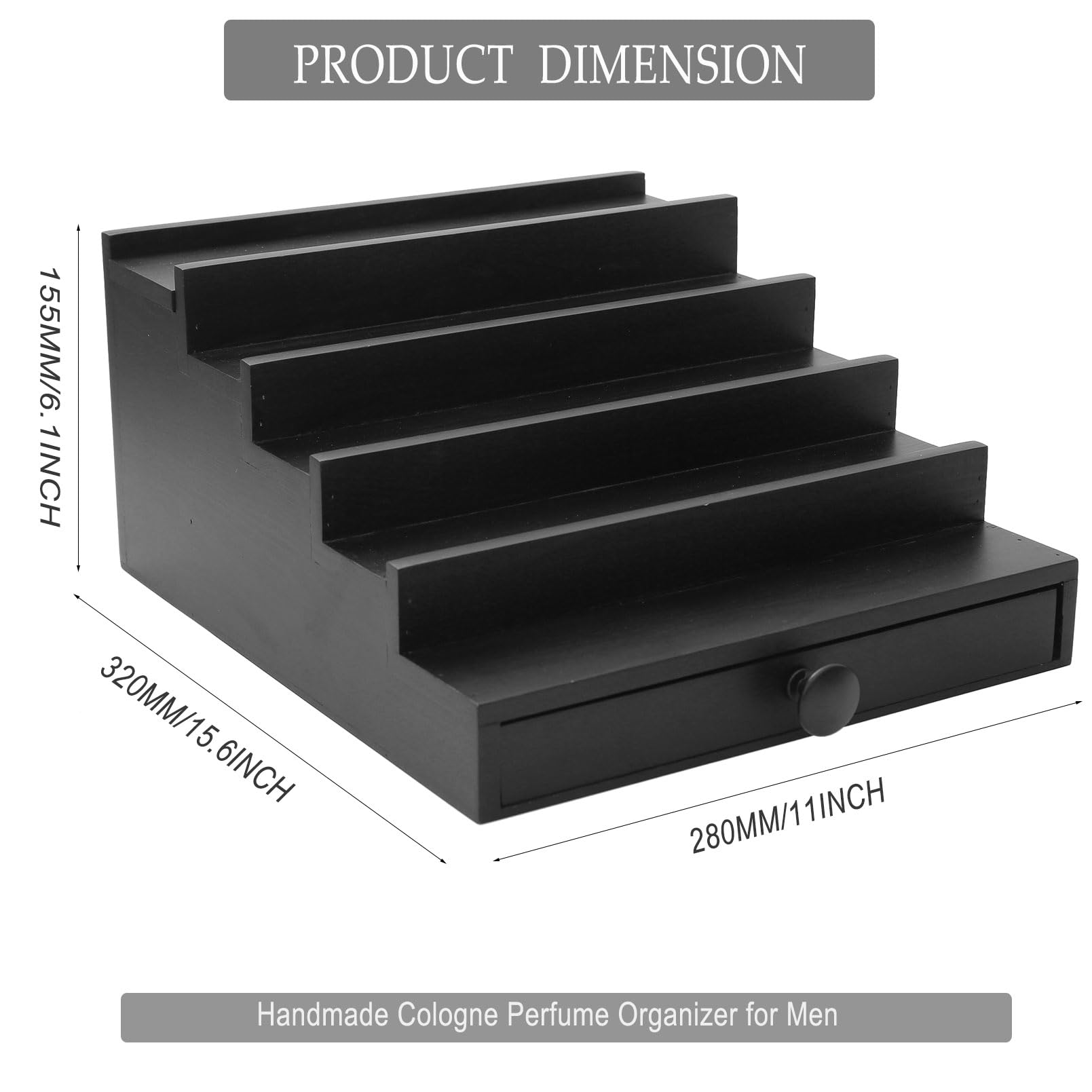 Fengligoo 5 Tier Cologne Organizer for Men - Wooden Black Cologne Perfume Display Stand with Drawer and Hidden Compartment, Mens Cologne Holder Shelf for Organizing and Storing