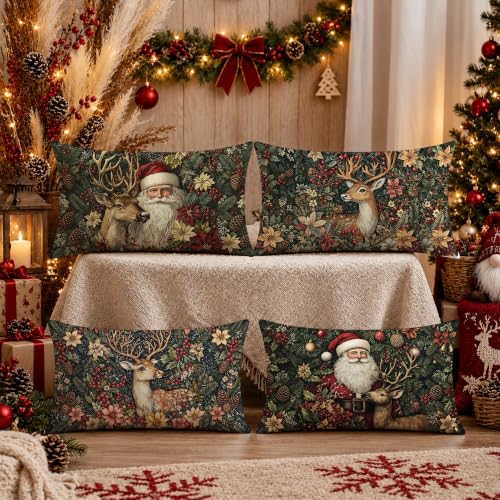 William Morris Style Christmas Santa Deer Pillow Cover 12x20 Set of 4 - Reindeer Holiday Decor