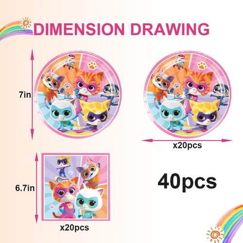 Super Kitties Party Supplies 40Pack include 20 plates, 20 napkins for the Birthday party Decoration
