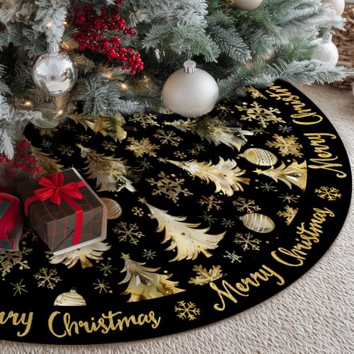 Christmas Tree Skirt 36 Inch Gold & Black Holiday Decor - Merry Christmas
