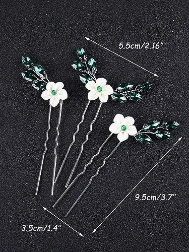 Brihasory Green White Flower Bridal Hair Pins 3PCS Rhinestone Hair Clips