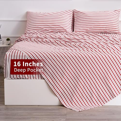 Full Size Burgundy Red Striped Bed Sheets Set - Super Soft & Breathable, Deep Pockets, Vertical Red Design