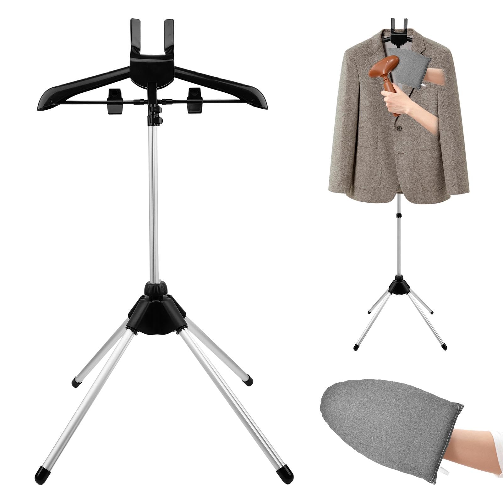 Londehuhai Garment Steamer Stand with Rotating Hanger & Heat-Resistant Glove - Adjustable Aluminum Alloy Ironing Rack for Pants, Jeans, Dresses - Folding Steamer Holder for Clothes(Color:Black)