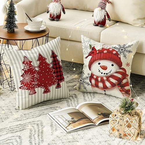 AVOIN colorlife Christmas Throw Pillow Covers, 18x18 Red Snowman Set of 4