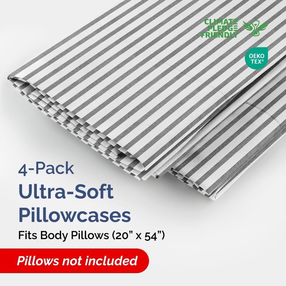 Skiennix Body Pillowcases Set of 4 | Soft, Breathable 20x54 Long Covers for Side Sleepers - Grey Stripes