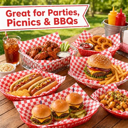 Red & White 7x7 Inch Food Basket Liners, 200-Pack Grease-Resistant Wax Paper